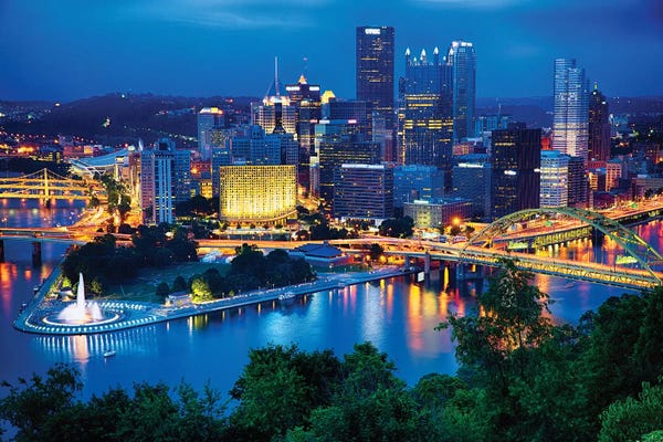George Oze: Pittsburgh Downtown Night Scenic View by George Oze