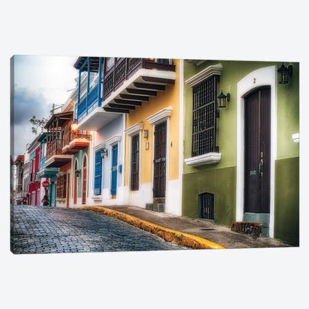 Low Angle View Of Colorful Houses On A Cobblestone Street Canvas Print #GOZ313} by George Oze Art Print