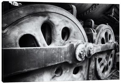 Close Up View Of Wheels Of A Steel Locomotive Canvas Art Print - Train Art