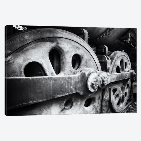 Close Up View Of Wheels Of A Steel Locomotive Canvas Print #GOZ315} by George Oze Canvas Artwork