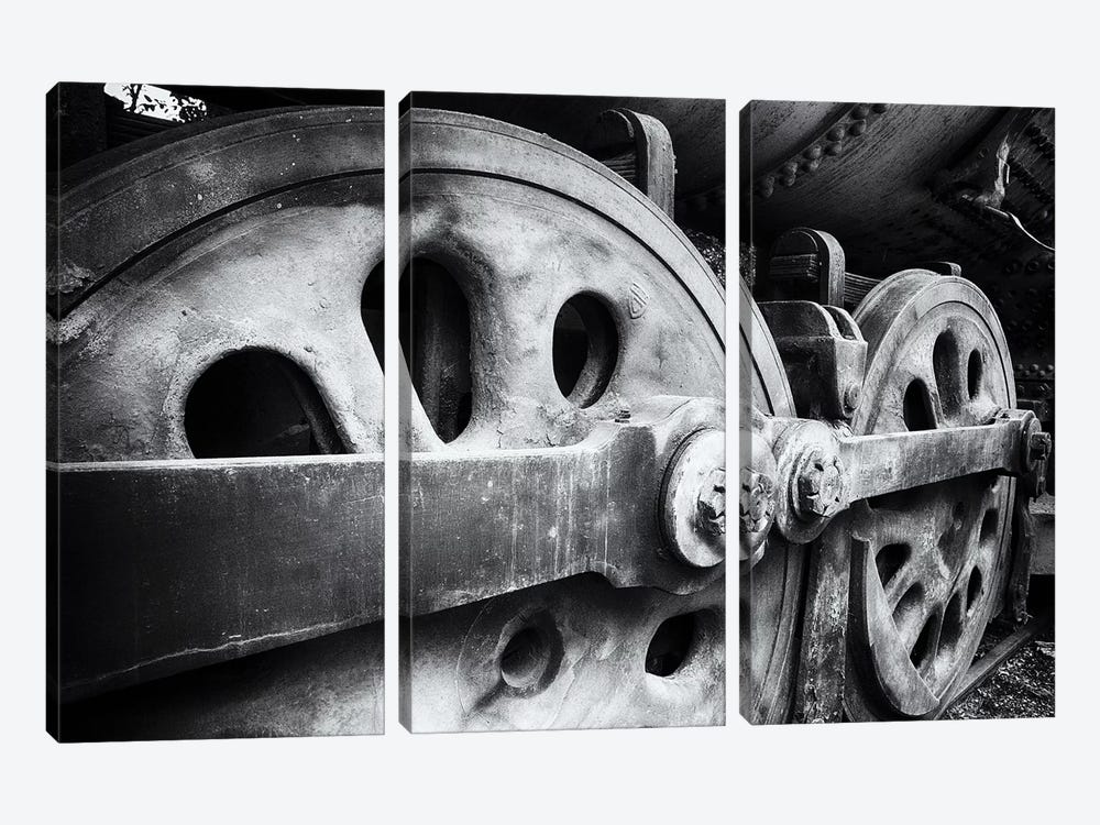 Close Up View Of Wheels Of A Steel Locomotive by George Oze 3-piece Canvas Art Print