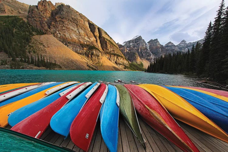 Colorful Canoes On A Dock, Moraine Lake, Canada