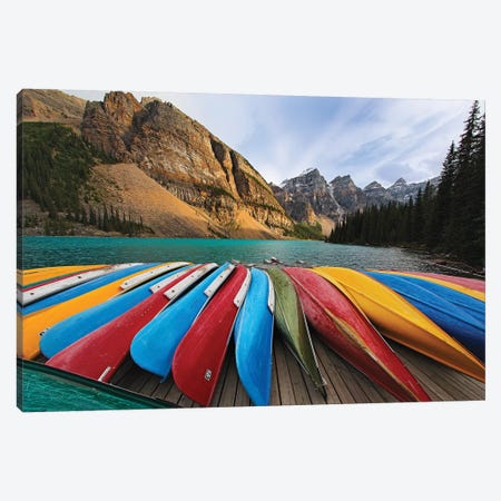 Colorful Canoes On A Dock, Moraine Lake, Canada Canvas Print #GOZ321} by George Oze Canvas Art