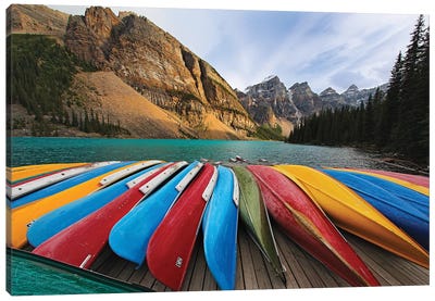 Colorful Canoes On A Dock, Moraine Lake, Canada Canvas Art Print - Rowboat Art