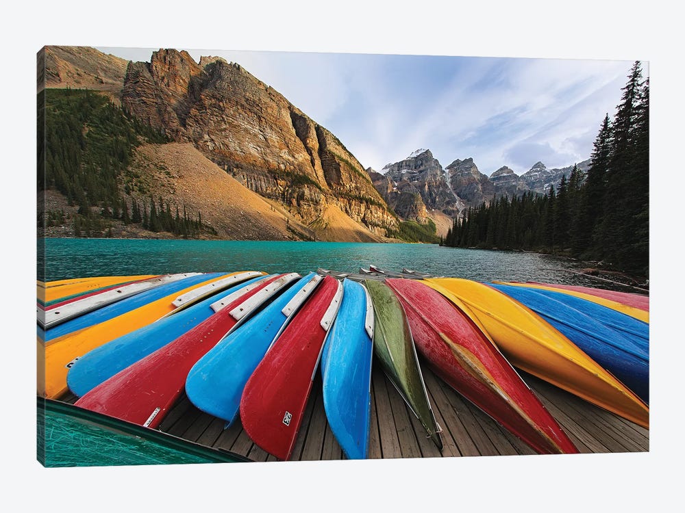 Colorful Canoes On A Dock, Moraine Lake, Canada by George Oze 1-piece Canvas Wall Art