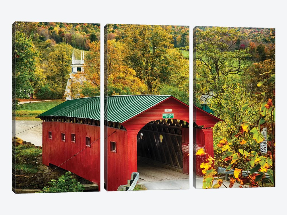 Scenic Covered Bridge Of West Arlington, Vermont by George Oze 3-piece Canvas Print