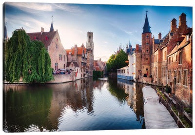 Bruges With Water Canal At Late Afternoon Canvas Art Print - George Oze