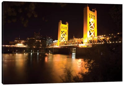Tower Bridge Of Sacramento At Night Canvas Art Print - Famous Architecture & Engineering