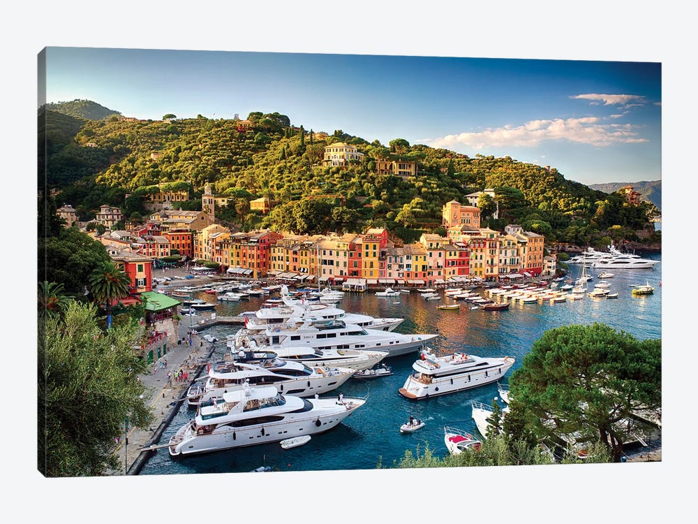 Portofino Harbor With Yachts, Liguria, Italy by George Oze 1-piece Canvas Print