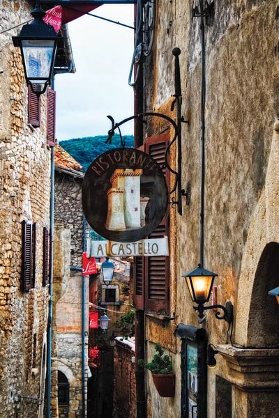 Signs: Medieval Street With Signs And Lamps, Sermoneta, Italy by George Oze