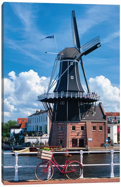 Bicycle And A Windmill, Haarlem, The Netherlands Canvas Art Print - Watermill & Windmill Art