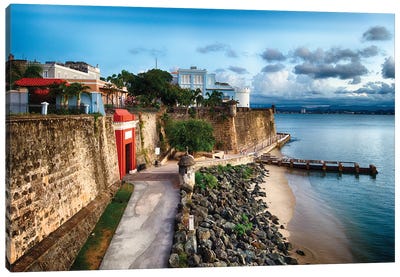 The The City Gate And The La Fortelaza Building In Old San Juan, Puerto Rico Canvas Art Print - Coastal Village & Town Art