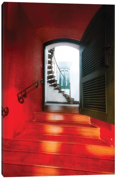 Red Doorway To A Spiral Staircase Canvas Art Print - George Oze