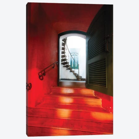 Red Doorway To A Spiral Staircase Canvas Print #GOZ360} by George Oze Canvas Wall Art