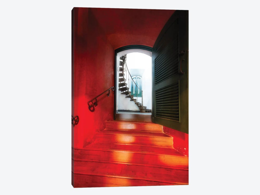 Red Doorway To A Spiral Staircase by George Oze 1-piece Canvas Print