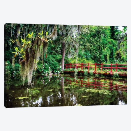 Little Red Footbridge Over A Pond, Magnolia Plantation, Charleston, South Carolina Canvas Print #GOZ362} by George Oze Canvas Wall Art