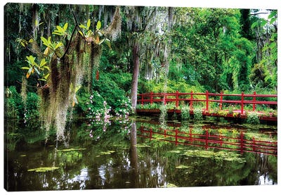 Little Red Footbridge Over A Pond, Magnolia Plantation, Charleston, South Carolina Canvas Art Print - South Carolina Art