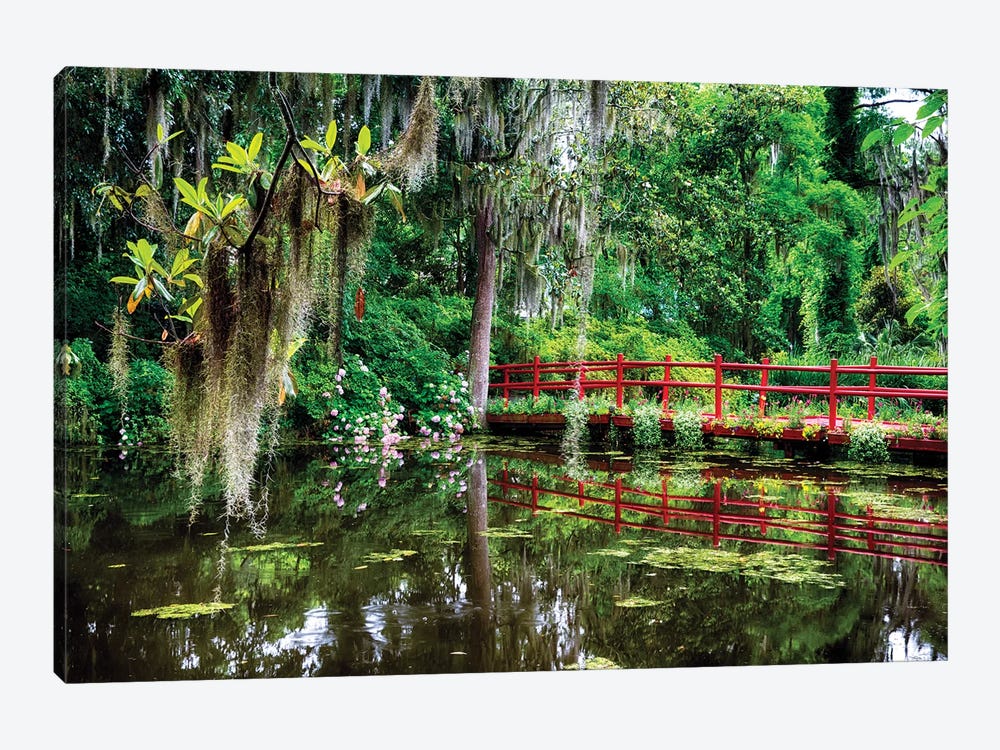 Little Red Footbridge Over A Pond, Magnolia Plantation, Charleston, South Carolina by George Oze 1-piece Art Print
