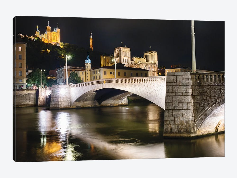 Bonaparte Bridge At Night, Lyon, France by George Oze 1-piece Canvas Print
