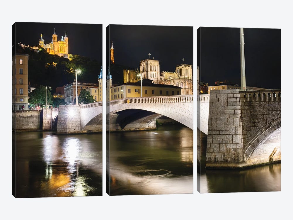 Bonaparte Bridge At Night, Lyon, France by George Oze 3-piece Art Print