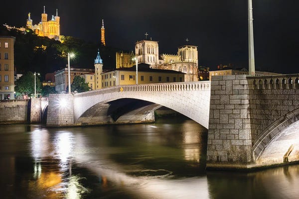 George Oze: Bonaparte Bridge At Night, Lyon, France by George Oze