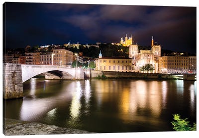 Old Lyon Night Scenic With The Bonaparte Bridge, France Canvas Art Print - George Oze