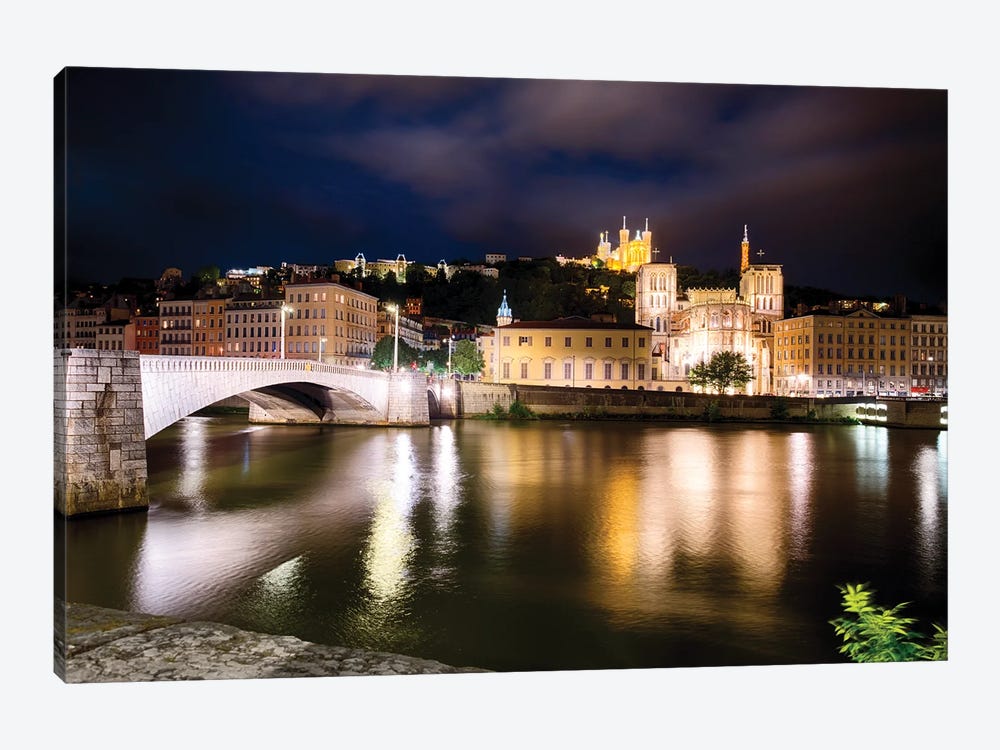 Old Lyon Night Scenic With The Bonaparte Bridge, France by George Oze 1-piece Canvas Art