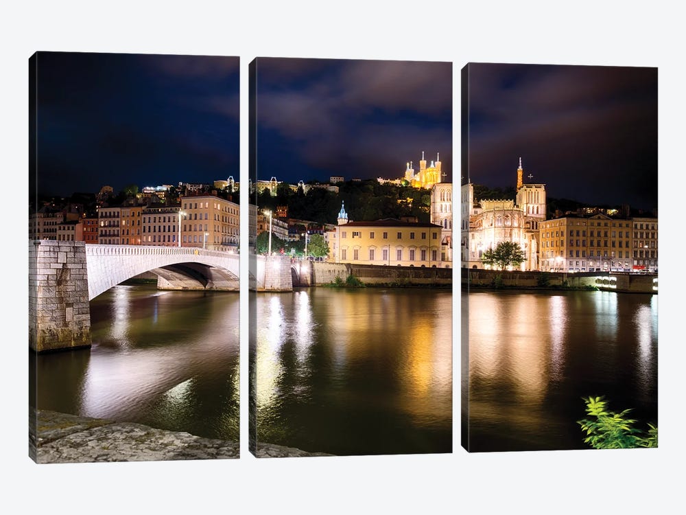 Old Lyon Night Scenic With The Bonaparte Bridge, France by George Oze 3-piece Canvas Art