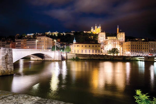 George Oze: Old Lyon Night Scenic With The Bonaparte Bridge, France by George Oze