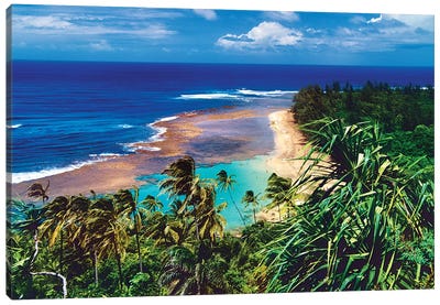 Ke'E Beach Viewed From The Kalalau Trail, North Shor Kauai, Hawaii Canvas Art Print - George Oze