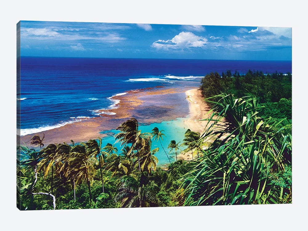 Ke'E Beach Viewed From The Kalalau Trail, North Shor Kauai, Hawaii by George Oze 1-piece Canvas Art