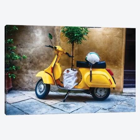 Vintage Scooter With A Small Tree Parked Along A House, Pienza, Tuscany, Italy Canvas Print #GOZ398} by George Oze Canvas Print