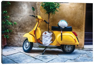 Vintage Scooter With A Small Tree Parked Along A House, Pienza, Tuscany, Italy Canvas Art Print - George Oze