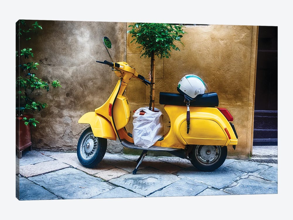 Vintage Scooter With A Small Tree Parked Along A House, Pienza, Tuscany, Italy by George Oze 1-piece Canvas Artwork