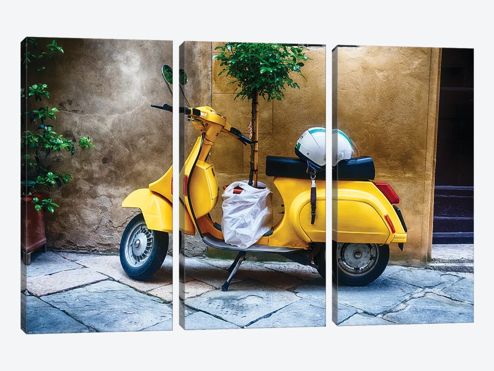 Vintage Scooter With A Small Tree Parked Along A House, Pienza, Tuscany, Italy by George Oze 3-piece Canvas Art