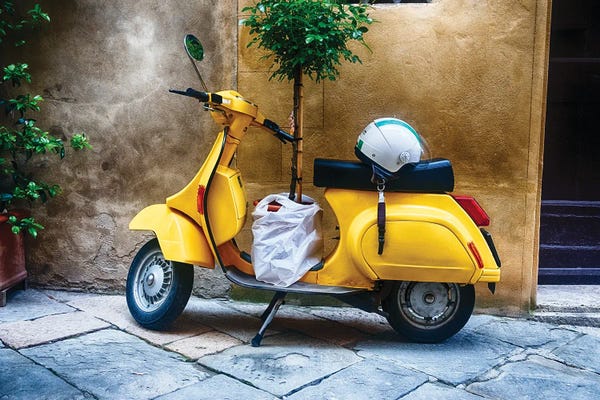 George Oze: Vintage Scooter With A Small Tree Parked Along A House, Pienza, Tuscany, Italy by George Oze