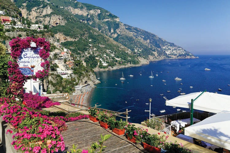 High Angle View Of A Beach And Coast From A Hillside Terrace, Positano, Campania, Italy