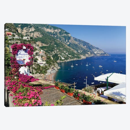 High Angle View Of A Beach And Coast From A Hillside Terrace, Positano, Campania, Italy Canvas Print #GOZ400} by George Oze Art Print