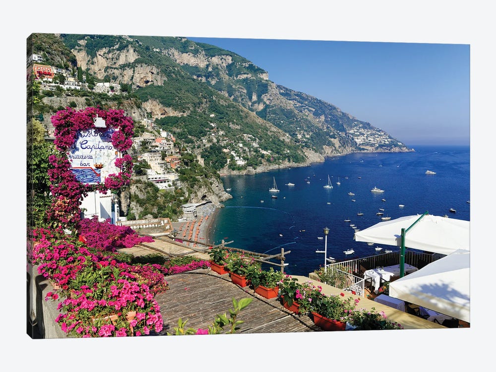 High Angle View Of A Beach And Coast From A Hillside Terrace, Positano, Campania, Italy by George Oze 1-piece Canvas Wall Art
