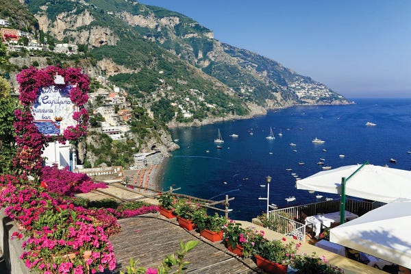George Oze: High Angle View Of A Beach And Coast From A Hillside Terrace, Positano, Campania, Italy by George Oze