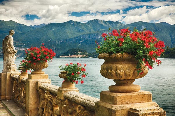 Sculptures & Statues: Balustrade With Lake View, Villa Balbienello, Lenno, Lake Como, Lombardy, Italy by George Oze