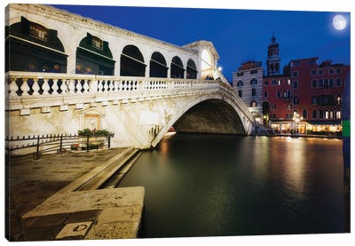 Rialto Bridge At Night, Venice, Italy Canvas Art Print - George Oze