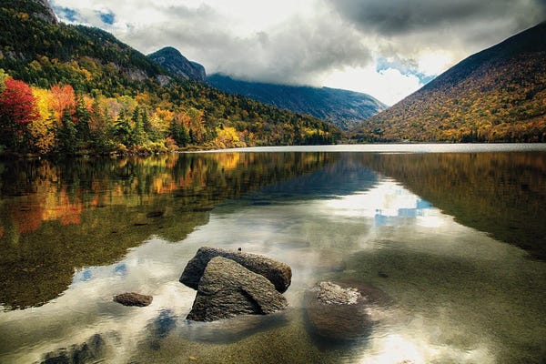 George Oze: Pristine Mountain Lake During Fall Season, Echo Lake, Franconia, New Hampshire by George Oze
