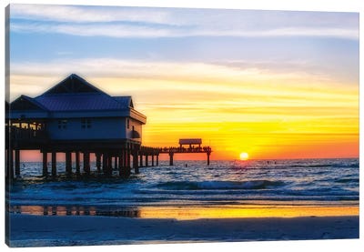 Clearwater Beach Sunset over the Pier, Florida Canvas Art Print - Beach Sunrise & Sunset Art