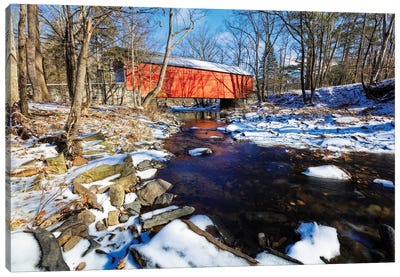 Covered Bridge Over The Cabin Run Creek During Winter, Pennsylavania Canvas Art Print - Cabins