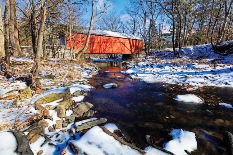 Covered Bridge Over The Cabin Run Creek During Winter, Pennsylavania