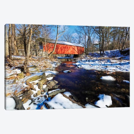 Covered Bridge Over The Cabin Run Creek During Winter, Pennsylavania Canvas Print #GOZ411} by George Oze Canvas Art