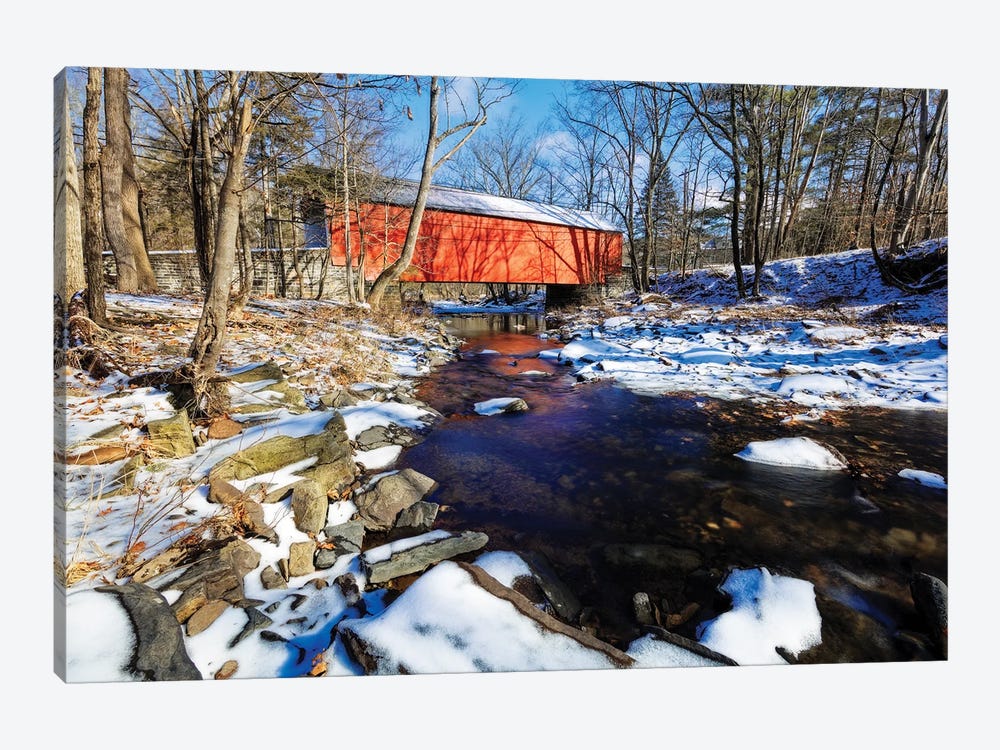 Covered Bridge Over The Cabin Run Creek During Winter, Pennsylavania by George Oze 1-piece Canvas Art