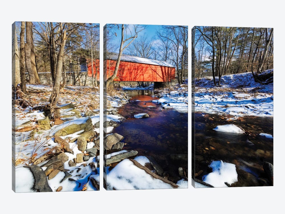 Covered Bridge Over The Cabin Run Creek During Winter, Pennsylavania by George Oze 3-piece Canvas Art