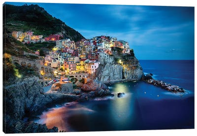 Cliffside Town at Night, Manarola, Liguria, Italy Canvas Art Print - George Oze